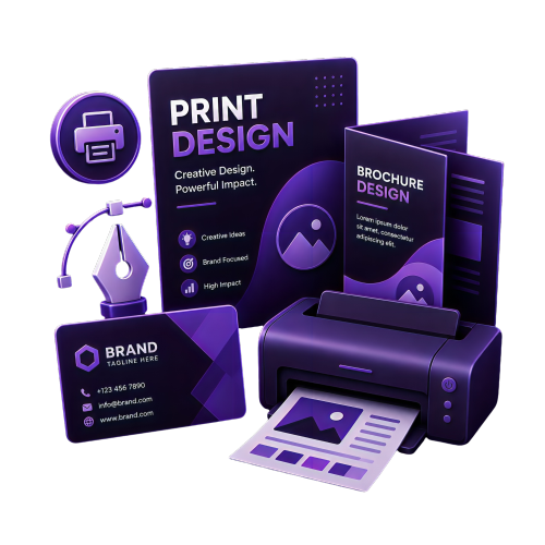 Professional print media design showcasing brochures, flyers, posters, banners, and marketing materials.