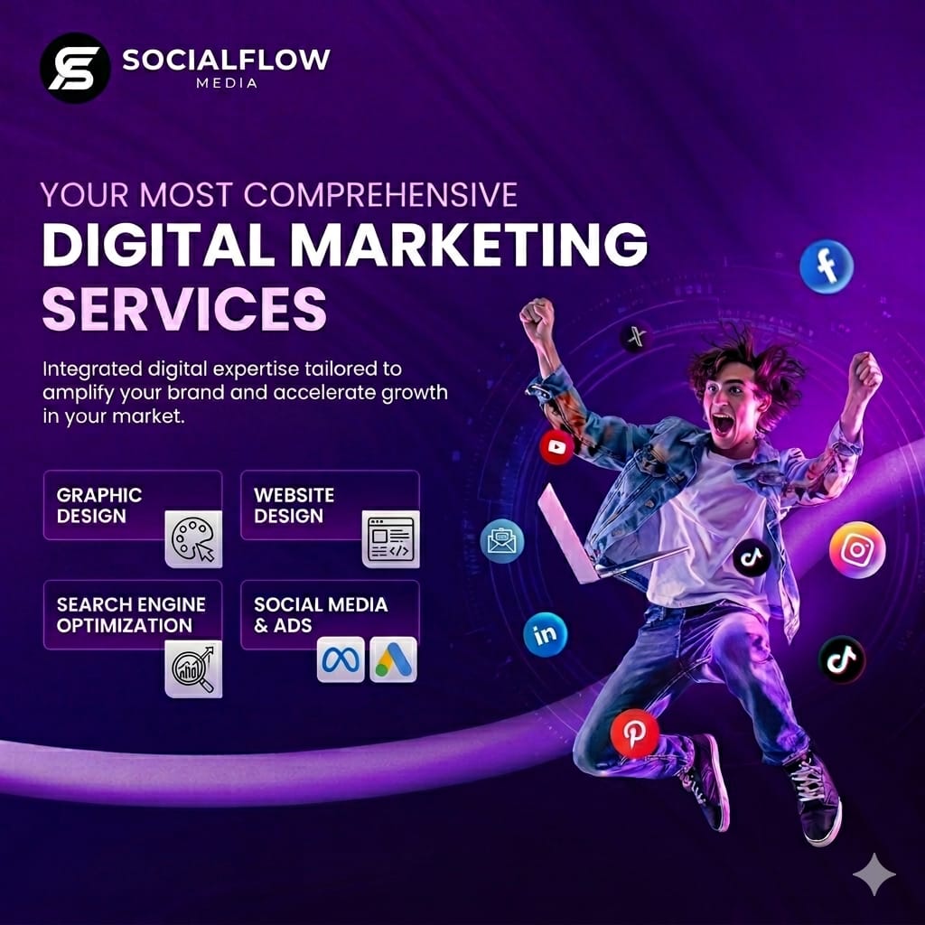 Digital marketing services creative showcasing SEO, social media marketing, Google Ads, content marketing, lead generation, and business growth strategies.